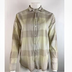 Everlane Sz 2 100% Cotton Button Top In Pale Plaid Cream Yellow Long Sleeve